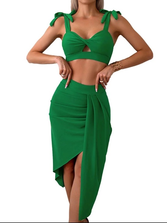 Other - Green Tie-Strap Bikini Top & Asymmetric Skirt Swim Set